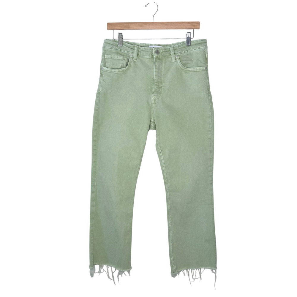 Zara Jeans Womens 10 Green High-Waisted Denim Straight-Leg With Raw Hem Stretch